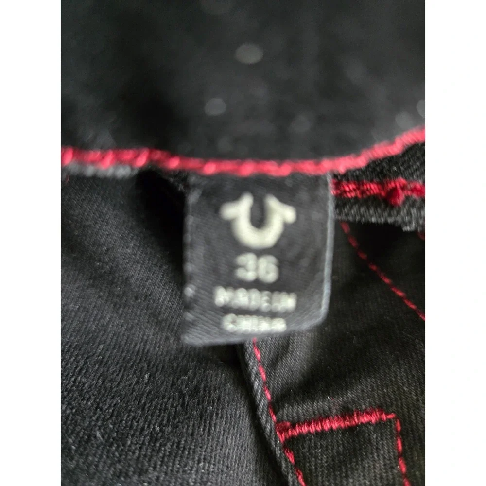 True Religion Ricky Relaxed Straight Black Jeans Red‎ Contrast Stitch Mens 36